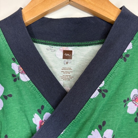 Tea Collection Girls Kimono Wrap Dress Size 8 Green Floral Long Sleeve Cotton - Picture 3 of 5